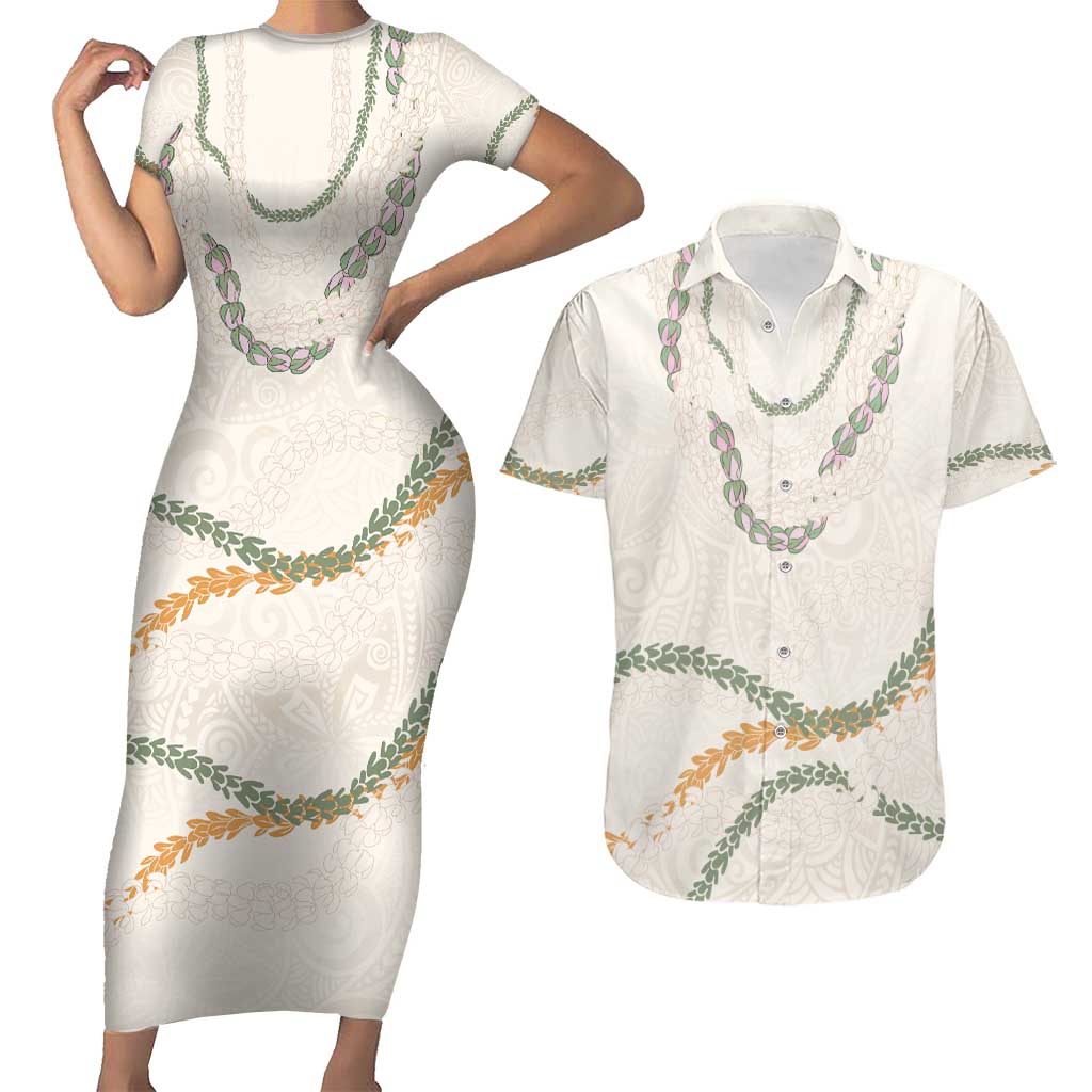 Aloha Lei Mikioi Couples Matching Short Sleeve Bodycon Dress and Hawaiian Shirt Beige Polynesian Tribal Tatau Pattern