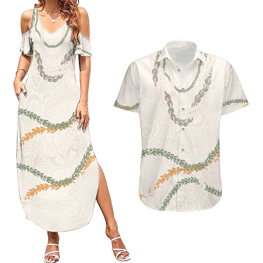 Aloha Lei Mikioi Couples Matching Summer Maxi Dress and Hawaiian Shirt Beige Polynesian Tribal Tatau Pattern