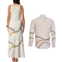 Aloha Lei Mikioi Couples Matching Tank Maxi Dress and Long Sleeve Button Shirt Beige Polynesian Tribal Tatau Pattern
