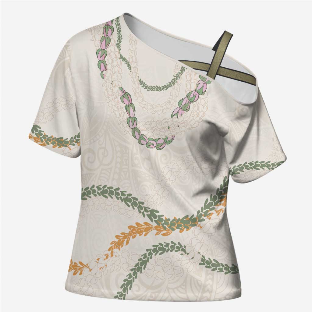 Aloha Lei Mikioi Cross Shoulder Shirt Beige Polynesian Tribal Tatau Pattern - Polynesian Pride