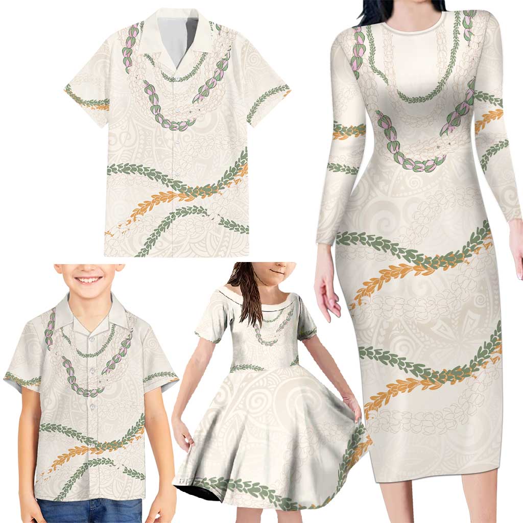 Aloha Lei Mikioi Family Matching Long Sleeve Bodycon Dress and Hawaiian Shirt Beige Polynesian Tribal Tatau Pattern
