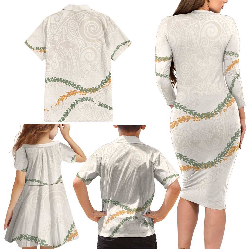 Aloha Lei Mikioi Family Matching Long Sleeve Bodycon Dress and Hawaiian Shirt Beige Polynesian Tribal Tatau Pattern