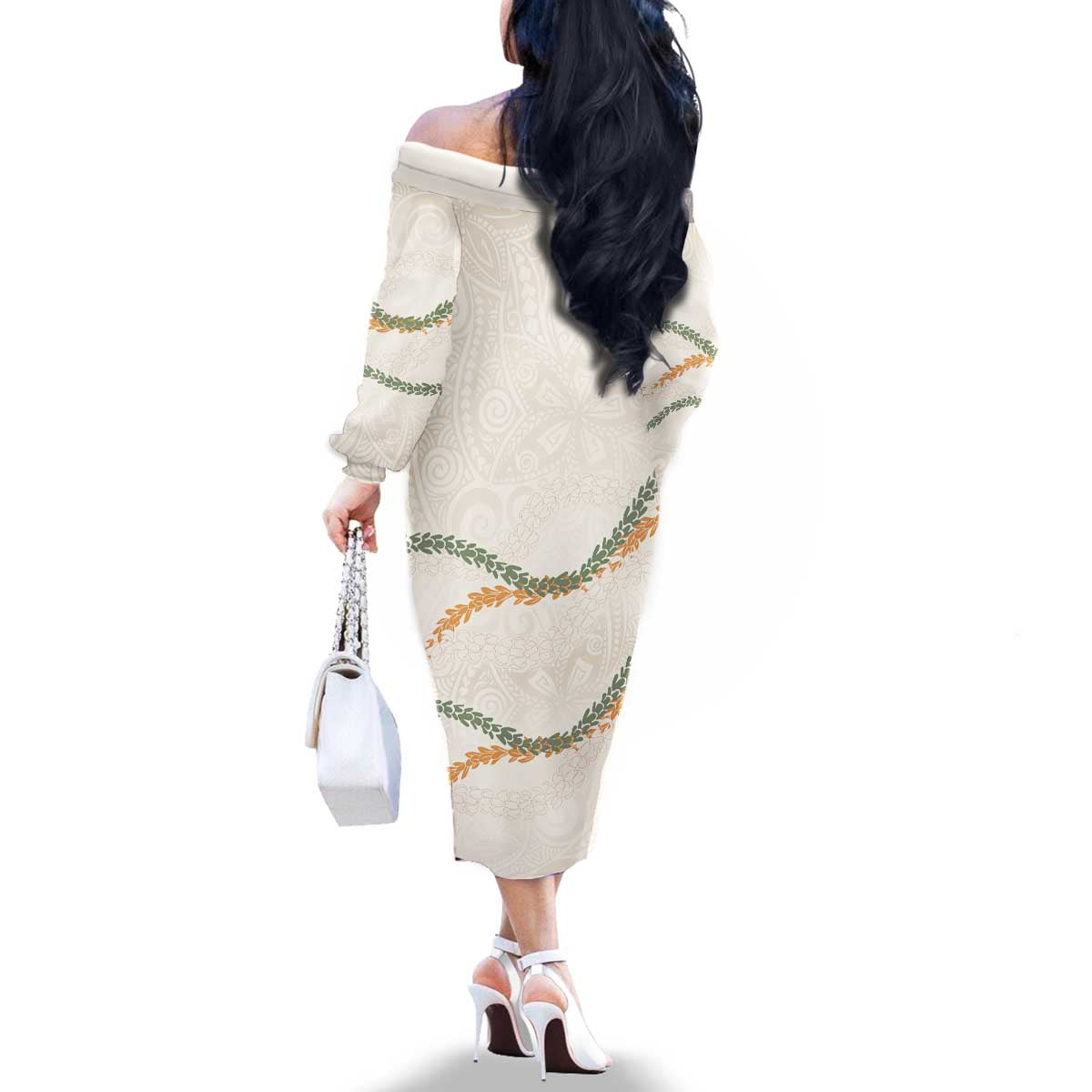 Aloha Lei Mikioi Family Matching Off The Shoulder Long Sleeve Dress and Hawaiian Shirt Beige Polynesian Tribal Tatau Pattern