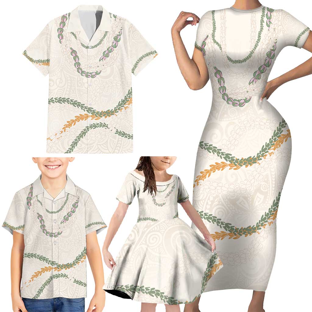 Aloha Lei Mikioi Family Matching Short Sleeve Bodycon Dress and Hawaiian Shirt Beige Polynesian Tribal Tatau Pattern
