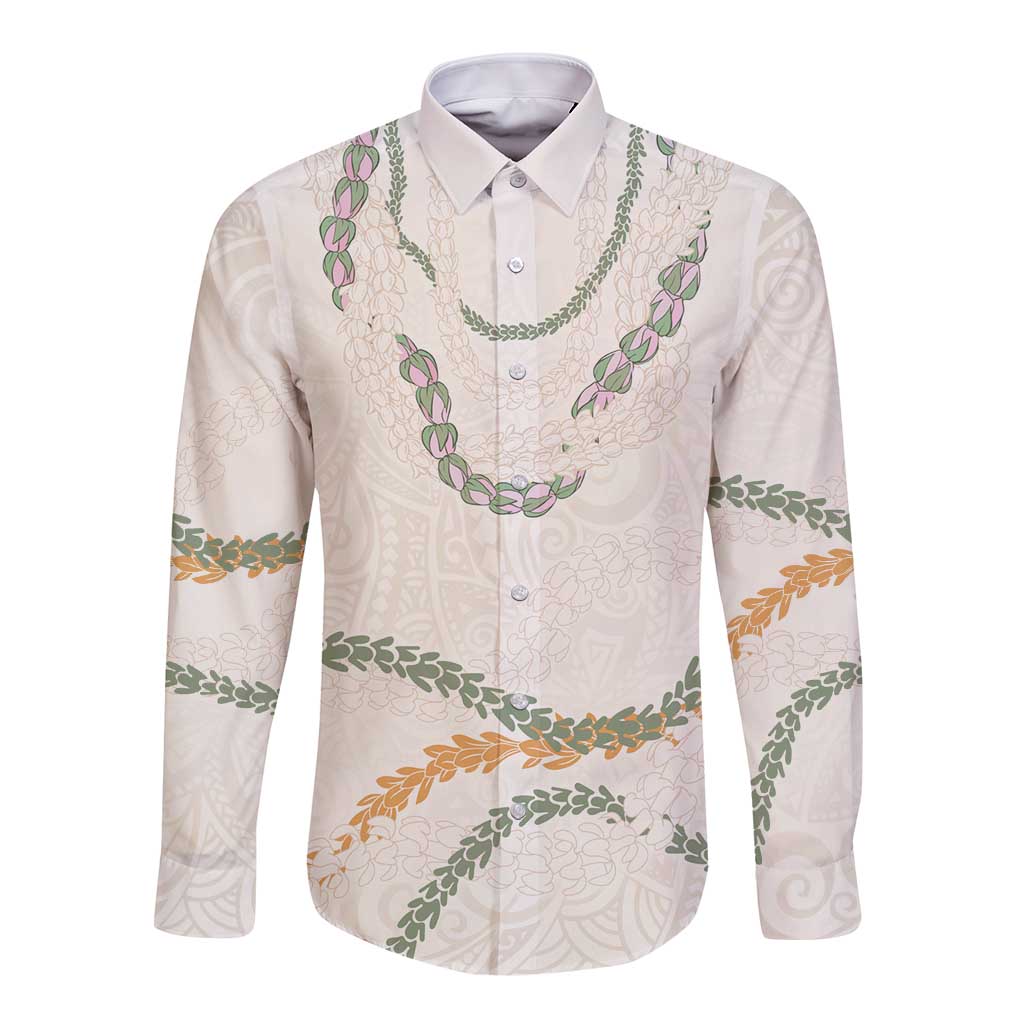 Aloha Lei Mikioi Long Sleeve Button Shirt Beige Polynesian Tribal Tatau Pattern