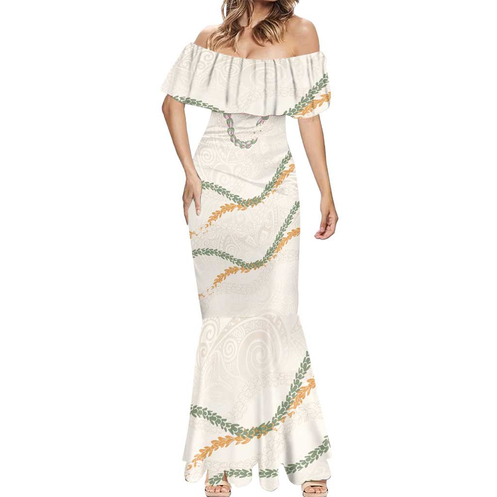 Aloha Lei Mikioi Mermaid Dress Beige Polynesian Tribal Tatau Pattern