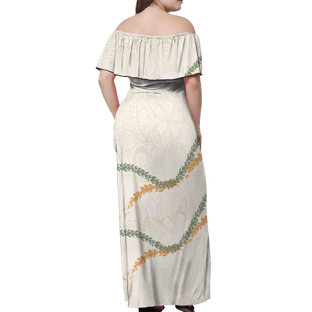 Aloha Lei Mikioi Off Shoulder Maxi Dress Beige Polynesian Tribal Tatau Pattern