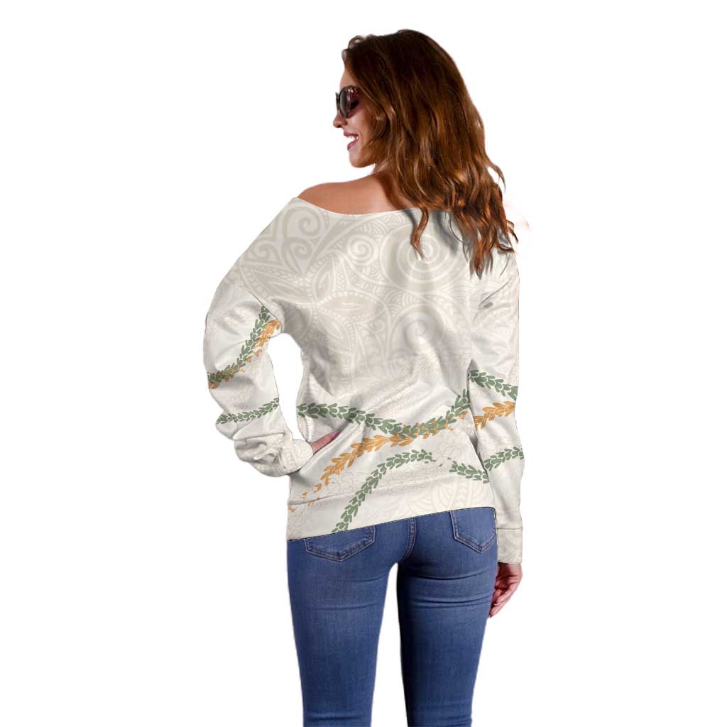 Aloha Lei Mikioi Off Shoulder Sweater Beige Polynesian Tribal Tatau Pattern