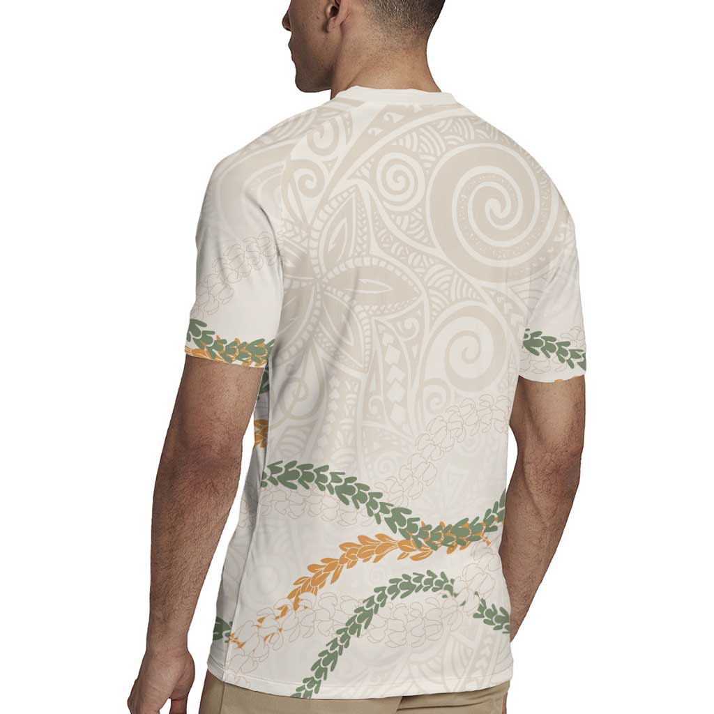 Aloha Lei Mikioi Rugby Jersey Beige Polynesian Tribal Tatau Pattern