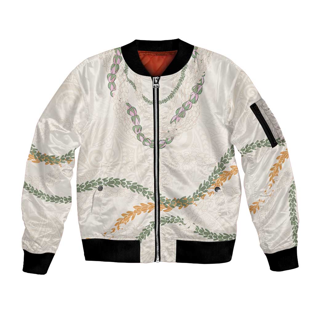 Aloha Lei Mikioi Sleeve Zip Bomber Jacket Beige Polynesian Tribal Tatau Pattern