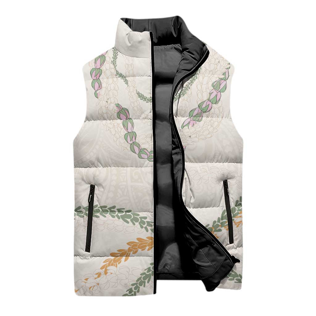 Aloha Lei Mikioi Sleeveless Puffer Jacket Beige Polynesian Tribal Tatau Pattern - Polynesian Pride
