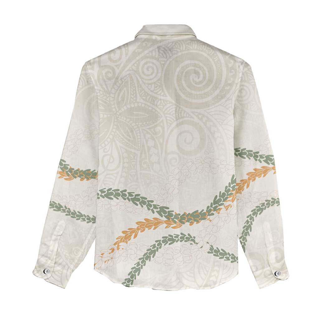 Aloha Lei Mikioi Women Casual Shirt Beige Polynesian Tribal Tatau Pattern