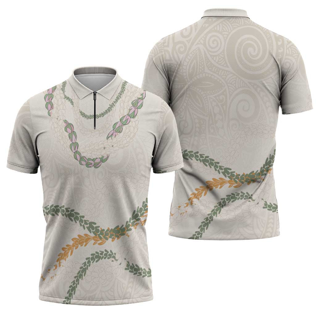 Aloha Lei Mikioi Zipper Polo Shirt Beige Polynesian Tribal Tatau Pattern - Polynesian Pride
