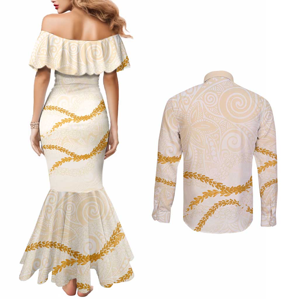 Aloha Lei Mikioi Couples Matching Mermaid Dress and Long Sleeve Button Shirt Gold Polynesian Tribal Tatau Pattern