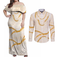 Aloha Lei Mikioi Couples Matching Off Shoulder Maxi Dress and Long Sleeve Button Shirt Gold Polynesian Tribal Tatau Pattern