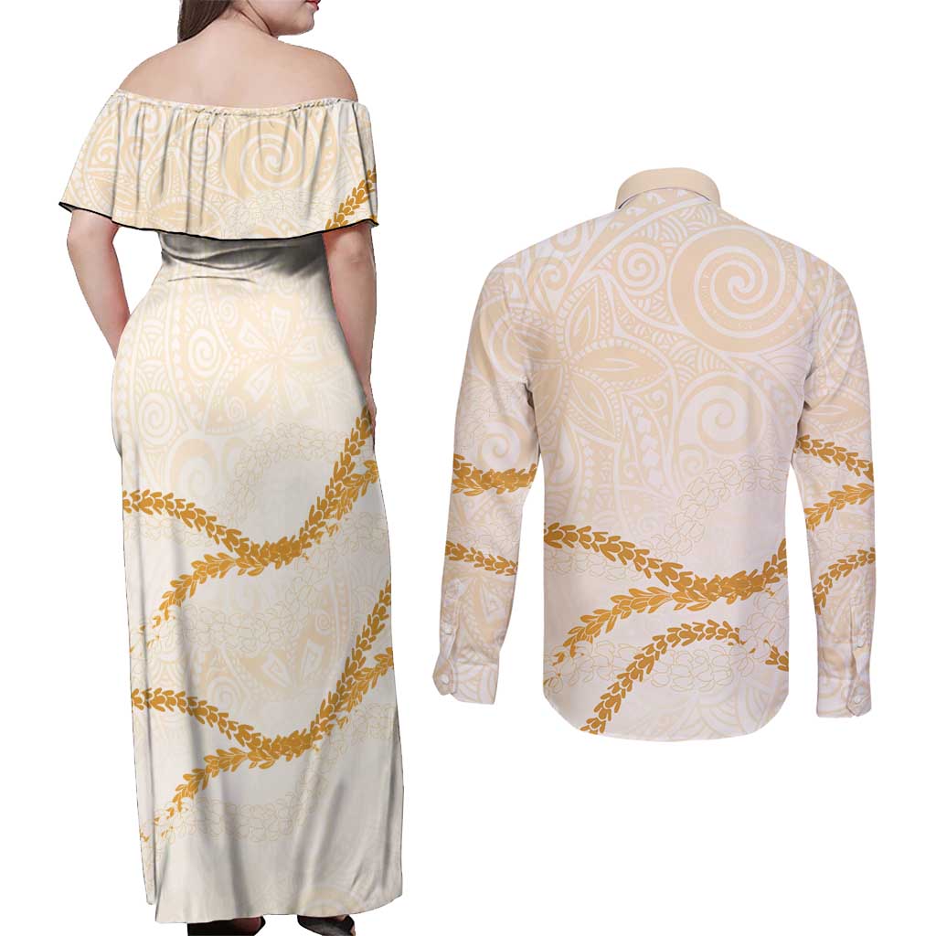 Aloha Lei Mikioi Couples Matching Off Shoulder Maxi Dress and Long Sleeve Button Shirt Gold Polynesian Tribal Tatau Pattern