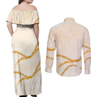 Aloha Lei Mikioi Couples Matching Off Shoulder Maxi Dress and Long Sleeve Button Shirt Gold Polynesian Tribal Tatau Pattern