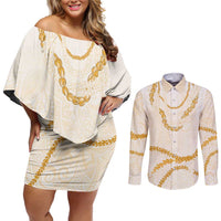 Aloha Lei Mikioi Couples Matching Off Shoulder Short Dress and Long Sleeve Button Shirt Gold Polynesian Tribal Tatau Pattern