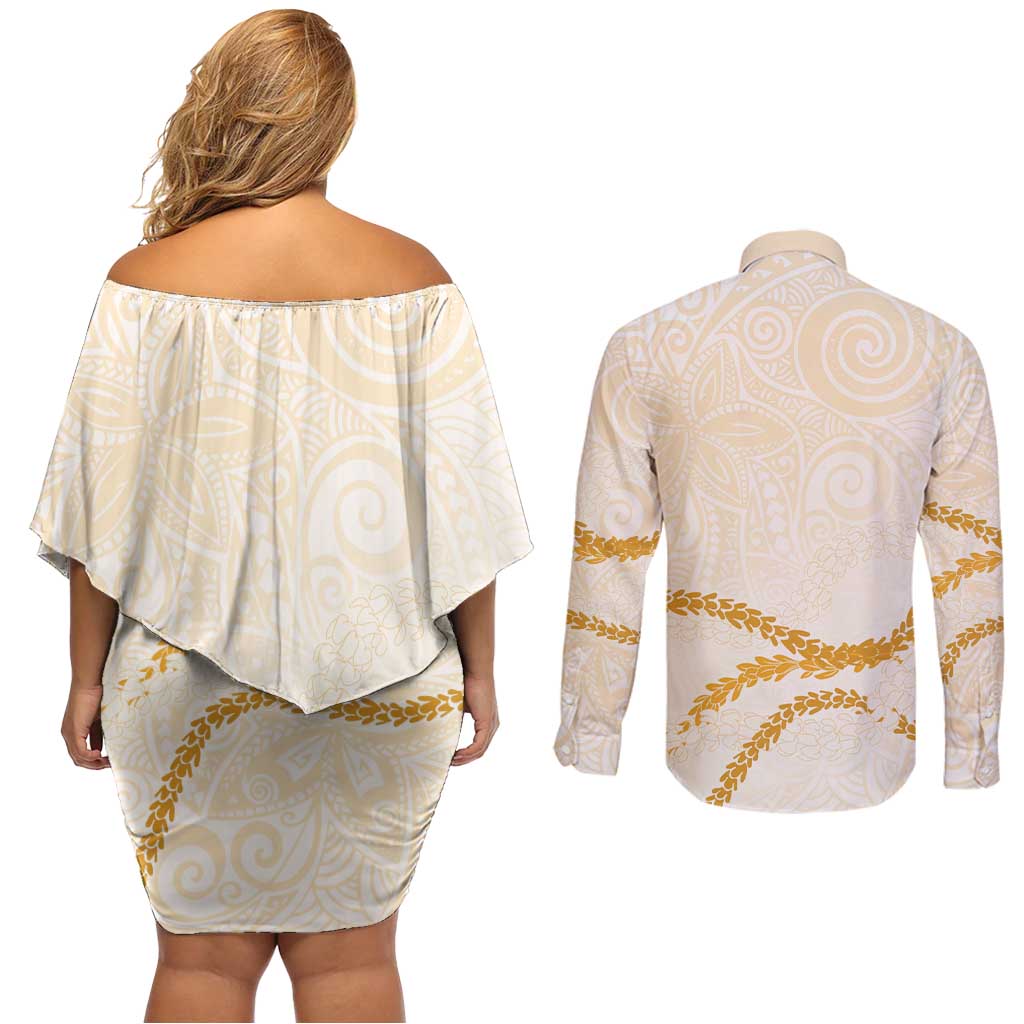 Aloha Lei Mikioi Couples Matching Off Shoulder Short Dress and Long Sleeve Button Shirt Gold Polynesian Tribal Tatau Pattern