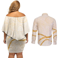 Aloha Lei Mikioi Couples Matching Off Shoulder Short Dress and Long Sleeve Button Shirt Gold Polynesian Tribal Tatau Pattern