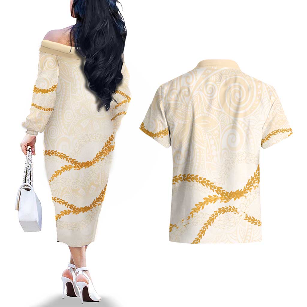 Aloha Lei Mikioi Couples Matching Off The Shoulder Long Sleeve Dress and Hawaiian Shirt Gold Polynesian Tribal Tatau Pattern