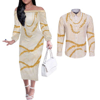 Aloha Lei Mikioi Couples Matching Off The Shoulder Long Sleeve Dress and Long Sleeve Button Shirt Gold Polynesian Tribal Tatau Pattern