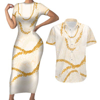 Aloha Lei Mikioi Couples Matching Short Sleeve Bodycon Dress and Hawaiian Shirt Gold Polynesian Tribal Tatau Pattern
