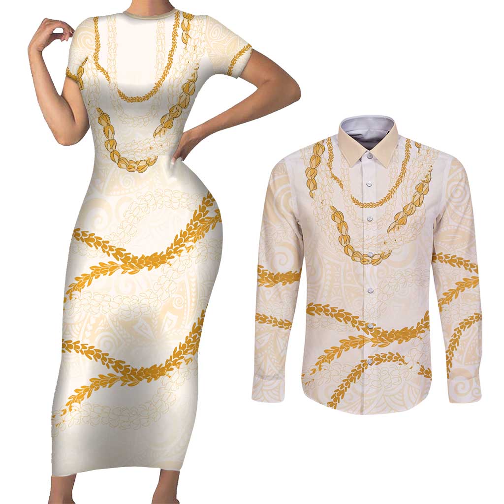 Aloha Lei Mikioi Couples Matching Short Sleeve Bodycon Dress and Long Sleeve Button Shirt Gold Polynesian Tribal Tatau Pattern