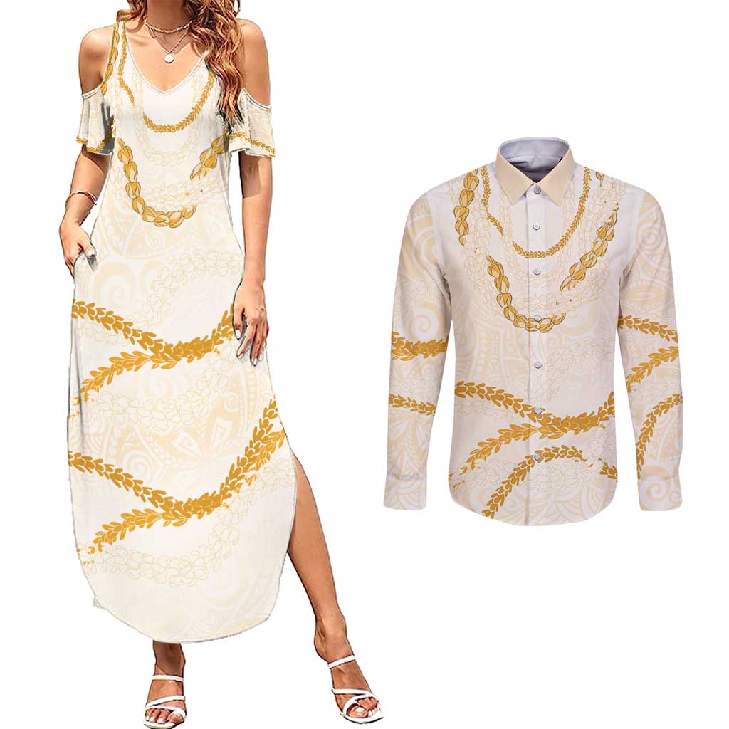 Aloha Lei Mikioi Couples Matching Summer Maxi Dress and Long Sleeve Button Shirt Gold Polynesian Tribal Tatau Pattern