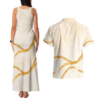 Aloha Lei Mikioi Couples Matching Tank Maxi Dress and Hawaiian Shirt Gold Polynesian Tribal Tatau Pattern
