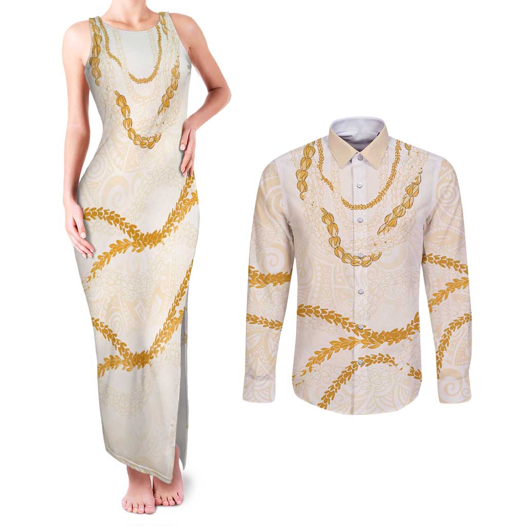 Aloha Lei Mikioi Couples Matching Tank Maxi Dress and Long Sleeve Button Shirt Gold Polynesian Tribal Tatau Pattern
