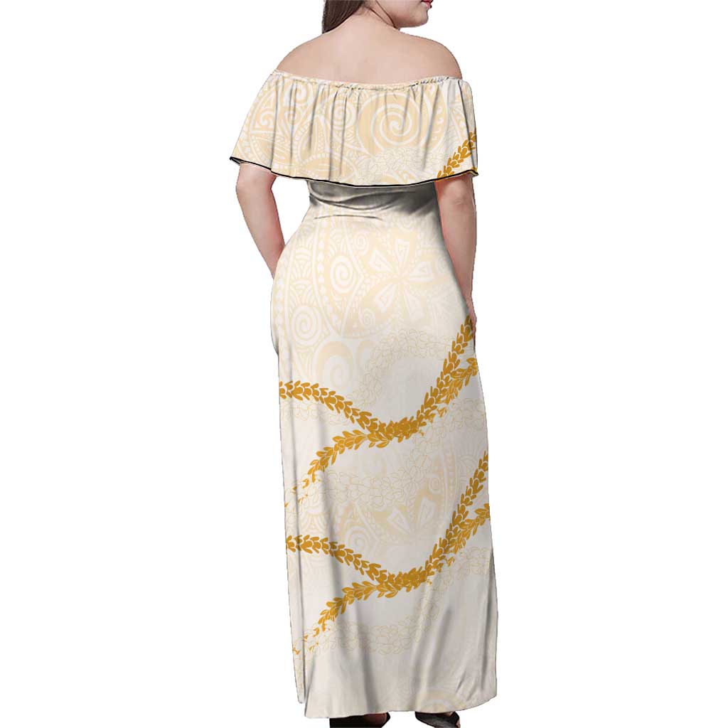 Aloha Lei Mikioi Family Matching Off Shoulder Maxi Dress and Hawaiian Shirt Gold Polynesian Tribal Tatau Pattern