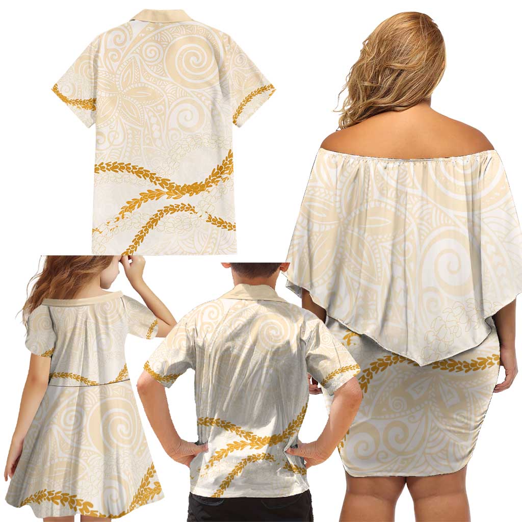 Aloha Lei Mikioi Family Matching Off Shoulder Short Dress and Hawaiian Shirt Gold Polynesian Tribal Tatau Pattern