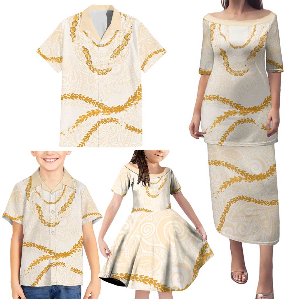 Aloha Lei Mikioi Family Matching Puletasi and Hawaiian Shirt Gold Polynesian Tribal Tatau Pattern