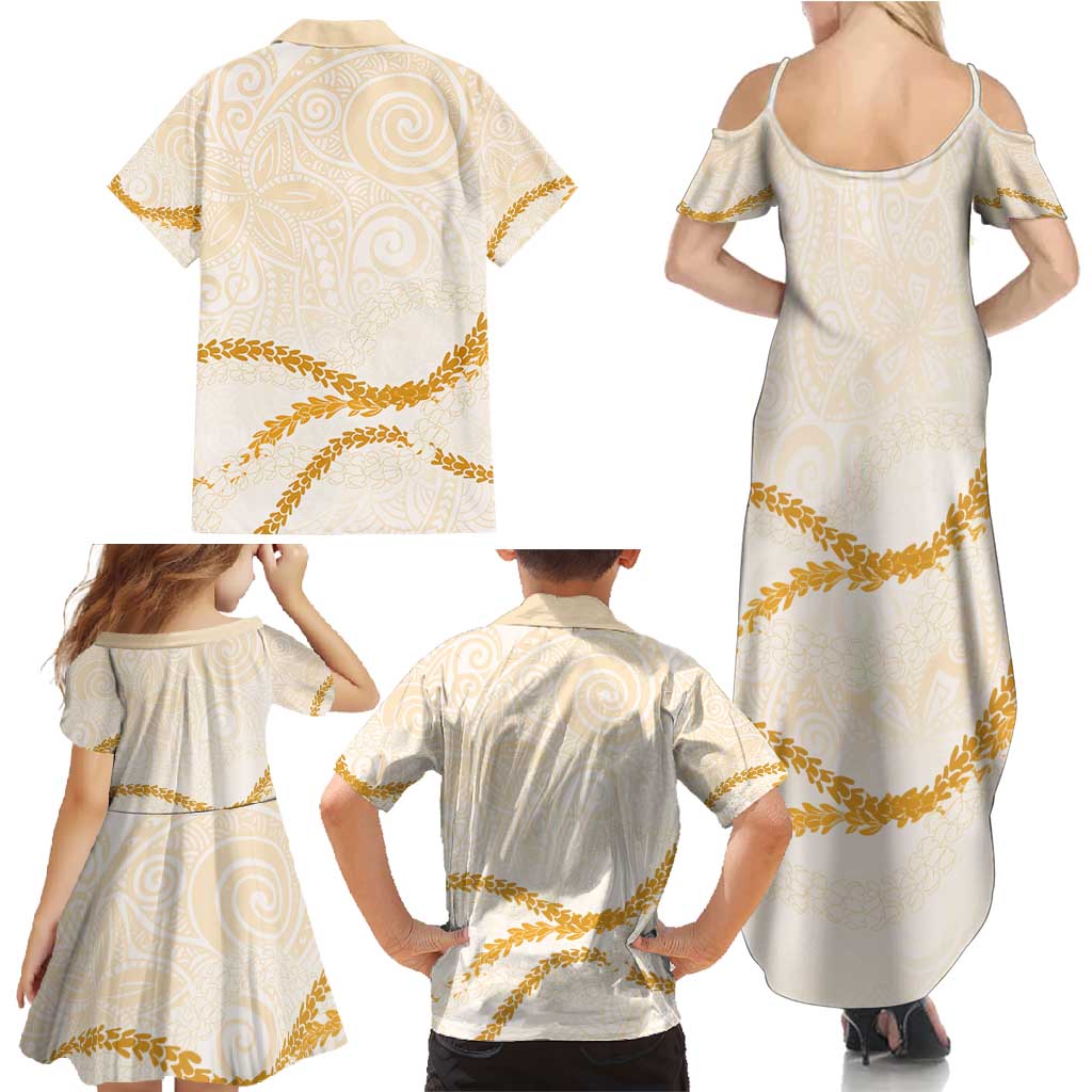 Aloha Lei Mikioi Family Matching Summer Maxi Dress and Hawaiian Shirt Gold Polynesian Tribal Tatau Pattern