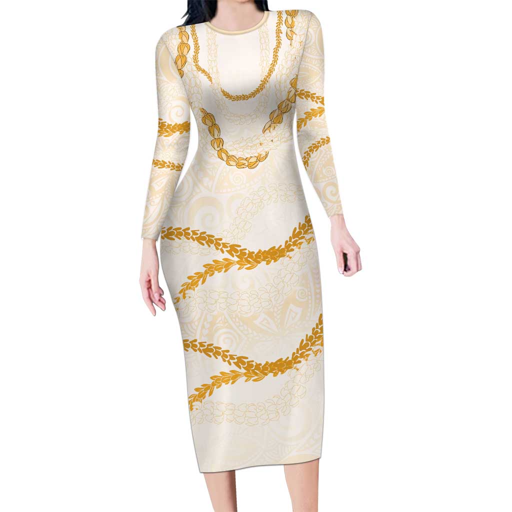 Aloha Lei Mikioi Long Sleeve Bodycon Dress Gold Polynesian Tribal Tatau Pattern