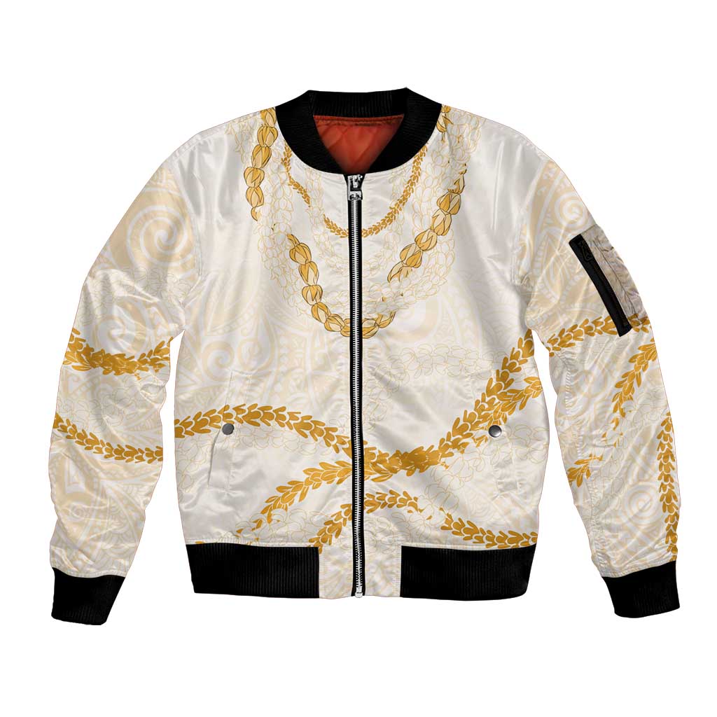 Aloha Lei Mikioi Sleeve Zip Bomber Jacket Gold Polynesian Tribal Tatau Pattern