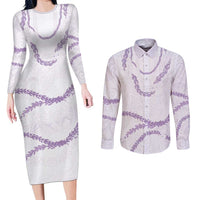 Aloha Lei Mikioi Couples Matching Long Sleeve Bodycon Dress and Long Sleeve Button Shirt Purple Polynesian Tribal Tatau Pattern
