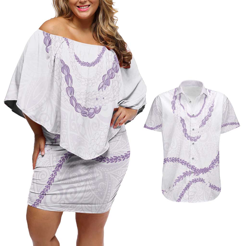 Aloha Lei Mikioi Couples Matching Off Shoulder Short Dress and Hawaiian Shirt Purple Polynesian Tribal Tatau Pattern
