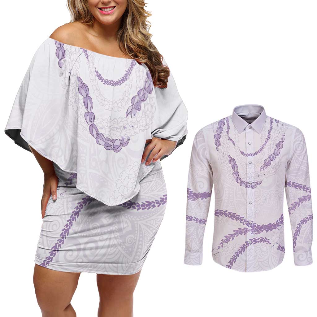 Aloha Lei Mikioi Couples Matching Off Shoulder Short Dress and Long Sleeve Button Shirt Purple Polynesian Tribal Tatau Pattern