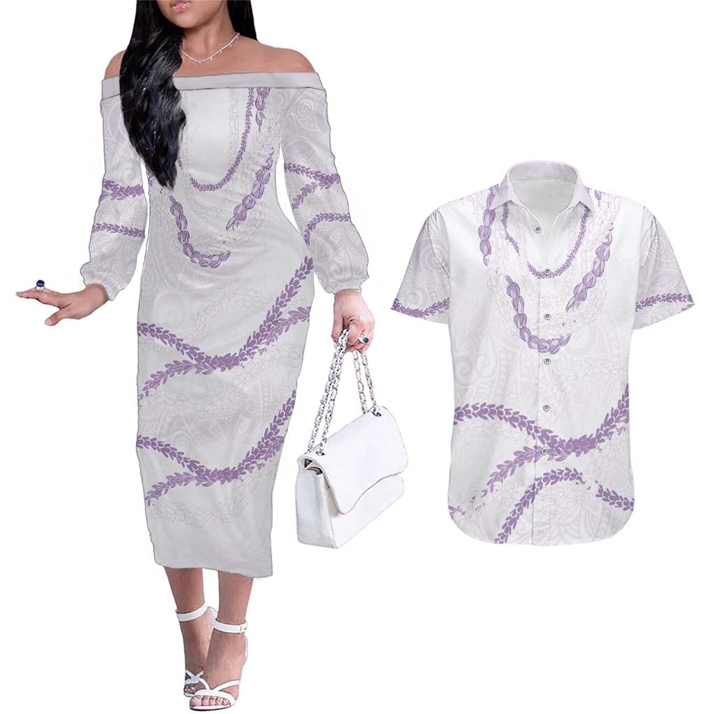 Aloha Lei Mikioi Couples Matching Off The Shoulder Long Sleeve Dress and Hawaiian Shirt Purple Polynesian Tribal Tatau Pattern