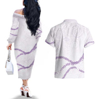Aloha Lei Mikioi Couples Matching Off The Shoulder Long Sleeve Dress and Hawaiian Shirt Purple Polynesian Tribal Tatau Pattern