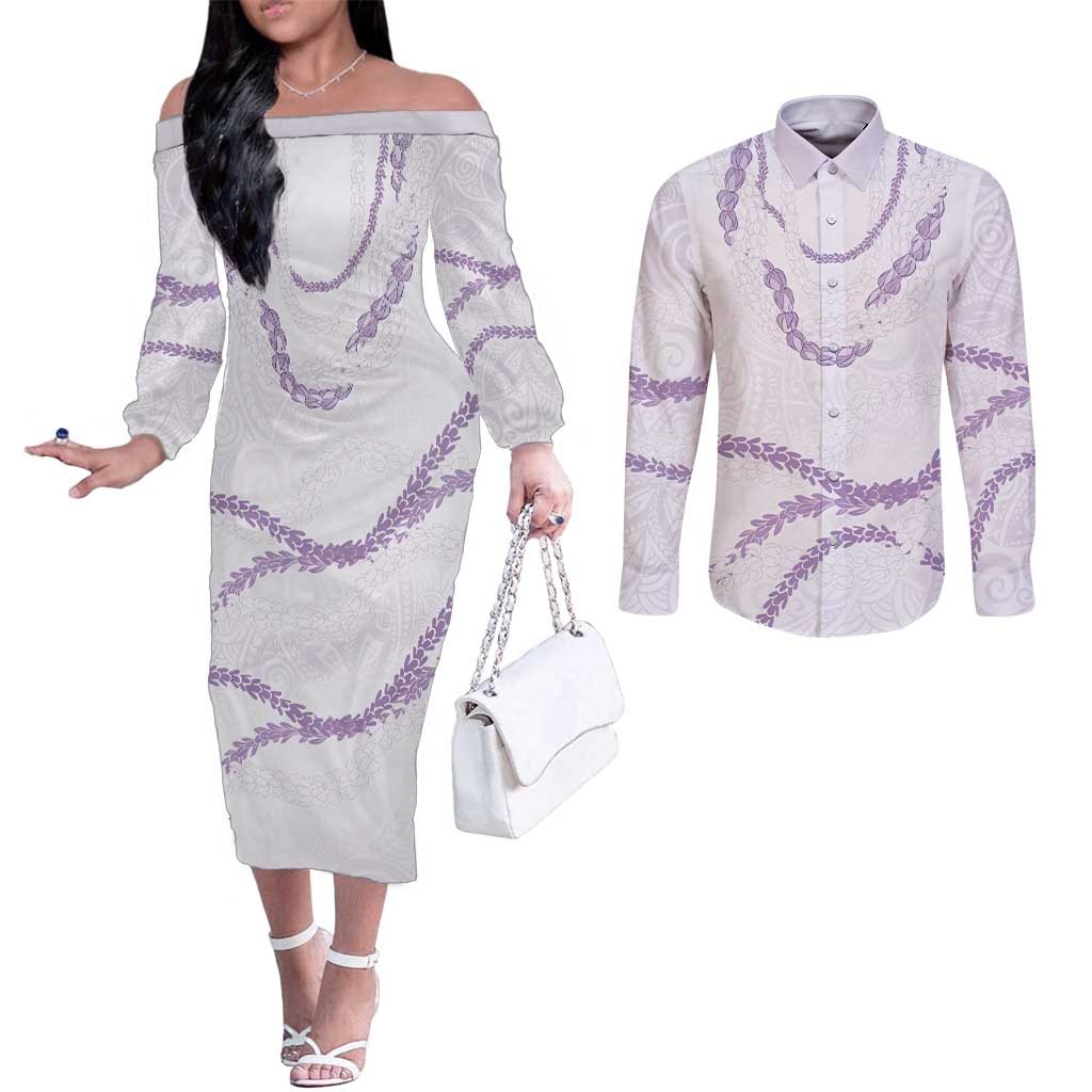 Aloha Lei Mikioi Couples Matching Off The Shoulder Long Sleeve Dress and Long Sleeve Button Shirt Purple Polynesian Tribal Tatau Pattern