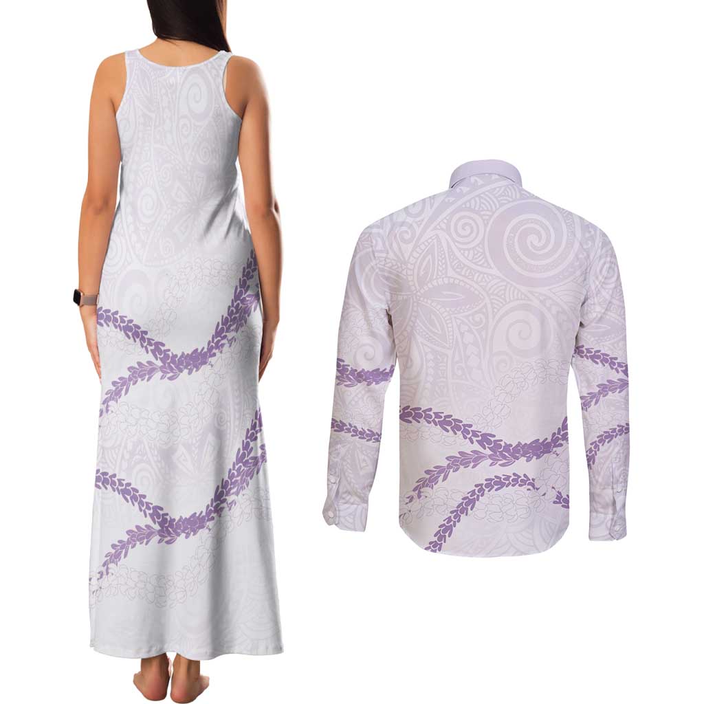 Aloha Lei Mikioi Couples Matching Tank Maxi Dress and Long Sleeve Button Shirt Purple Polynesian Tribal Tatau Pattern