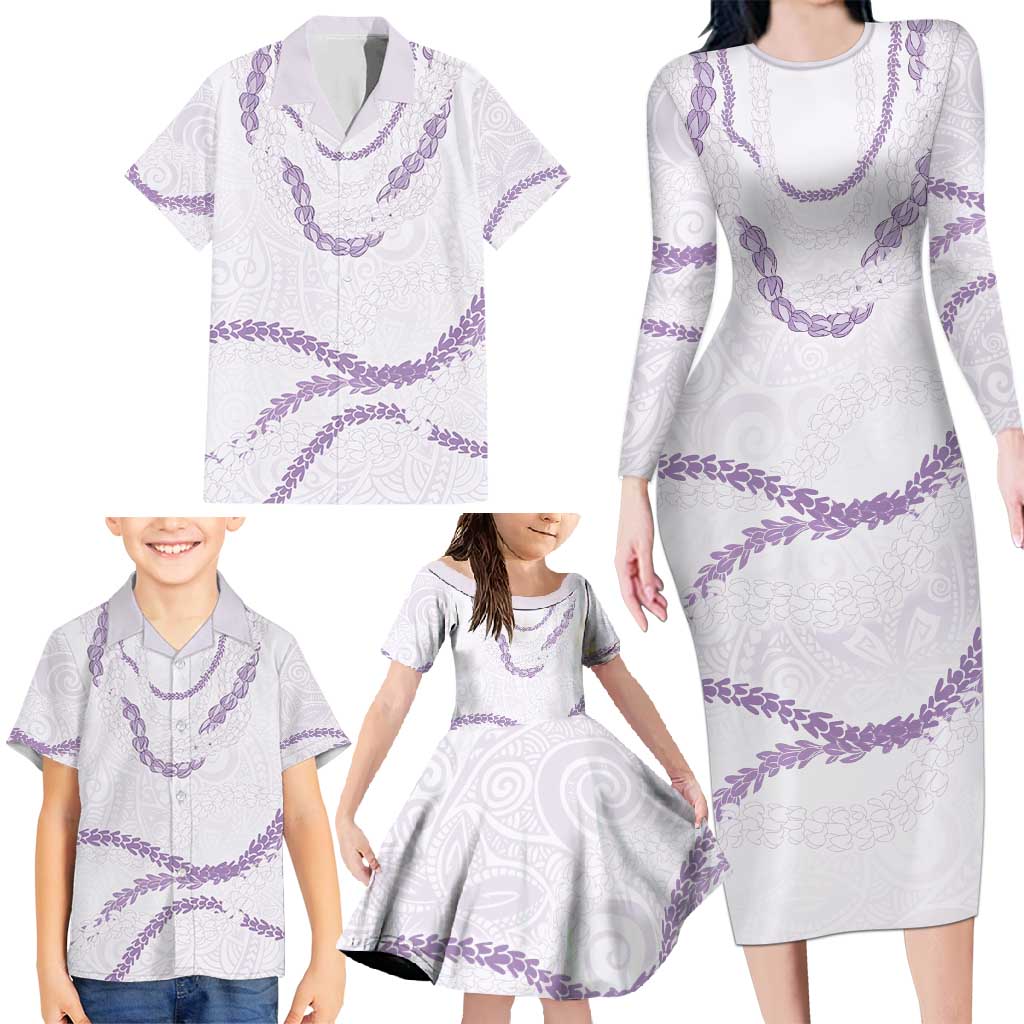 Aloha Lei Mikioi Family Matching Long Sleeve Bodycon Dress and Hawaiian Shirt Purple Polynesian Tribal Tatau Pattern