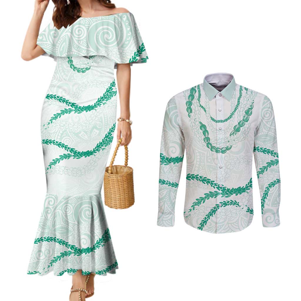 Aloha Lei Mikioi Couples Matching Mermaid Dress and Long Sleeve Button Shirt Sage Green Polynesian Tribal Tatau Pattern LT9 Green - Polynesian Pride