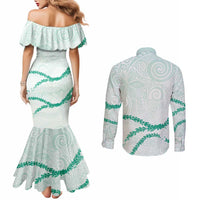Aloha Lei Mikioi Couples Matching Mermaid Dress and Long Sleeve Button Shirt Sage Green Polynesian Tribal Tatau Pattern LT9 - Polynesian Pride