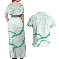 Aloha Lei Mikioi Couples Matching Off Shoulder Maxi Dress and Hawaiian Shirt Sage Green Polynesian Tribal Tatau Pattern