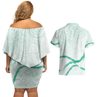 Aloha Lei Mikioi Couples Matching Off Shoulder Short Dress and Hawaiian Shirt Sage Green Polynesian Tribal Tatau Pattern