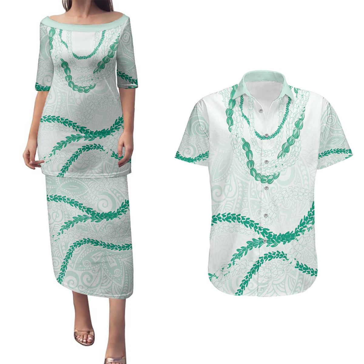 Aloha Lei Mikioi Couples Matching Puletasi and Hawaiian Shirt Sage Green Polynesian Tribal Tatau Pattern